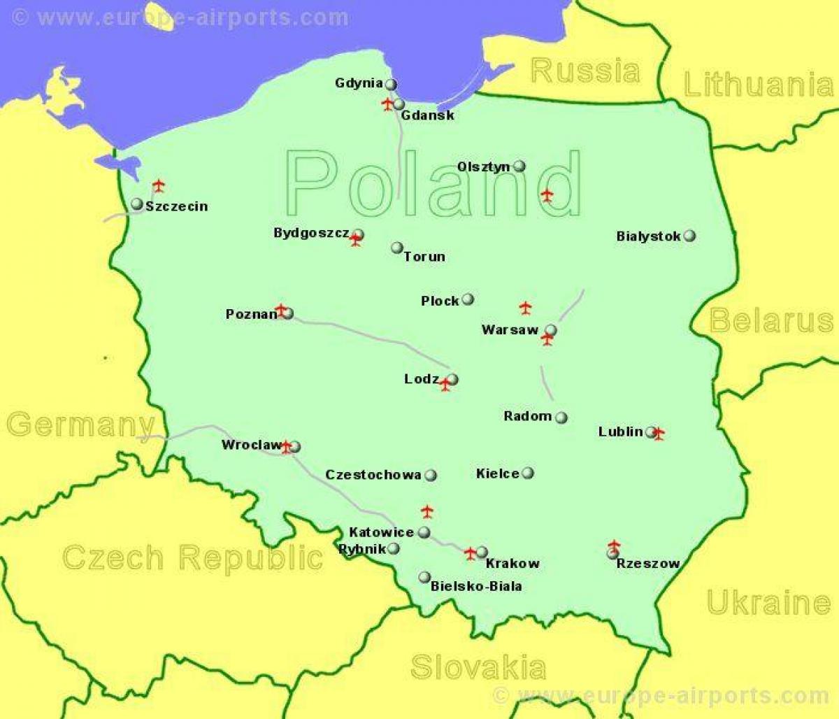 mapa de Polonia, mostrando los aeropuertos