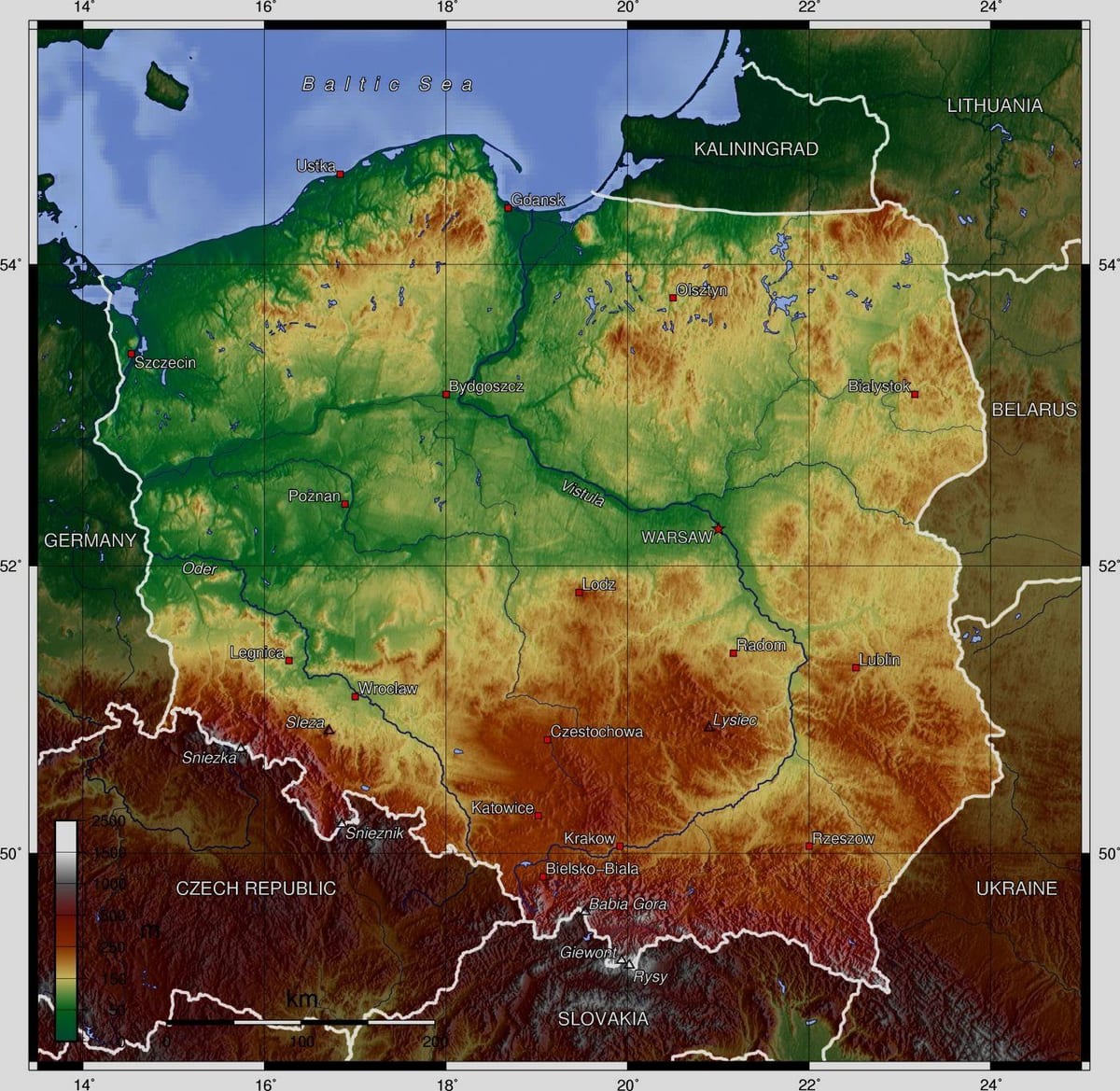 mapa de Polonia elevación