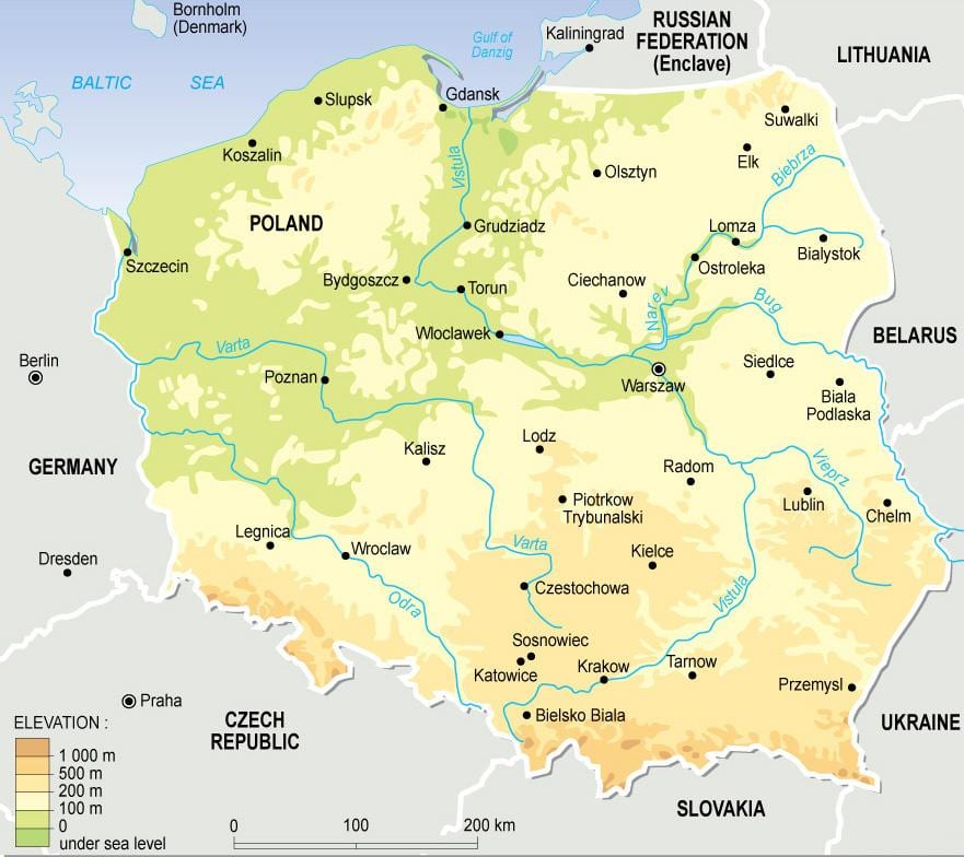 el mapa topográfico de Polonia